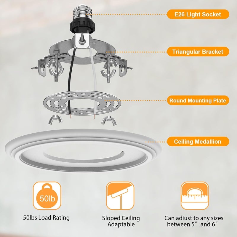 YIIZON 5 and 6 inch Recessed Can Light Conversion Kit, for Ceiling Light Fixture, Pendant Light, Hanging Light, Ceiling Fan, with 7’¾ Beveled & Flat, Steel, Medallion, White Finish - Image 2